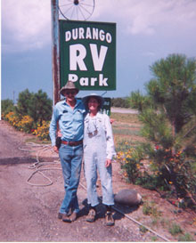 Dawn and Cotton Read under Durango RV Park sign